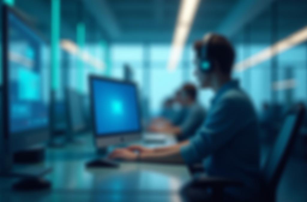 Professional support desk setup with computers and people - decorative background